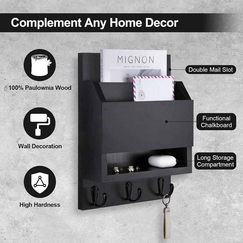 Lucundm Key and Mail Holder for Wall, Key Holder with Chalkboard and Long Storage Box, Key Hanger with 3 Sturdy Hooks for Coat, Dog Leash, Entryway Mail Organizer (Black) - Image 3